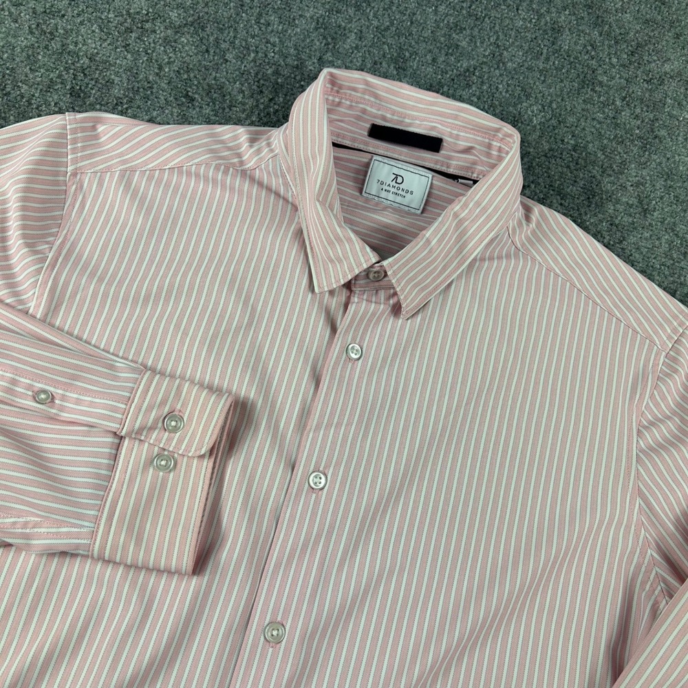 7Diamonds Button Down Shirt Mens Large Pink Striped Camden 4-Way Stretch